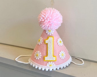 Daisy 1st Birthday Hat - Daisy Boho Party Hat - Girl First Birthday Hat - Groovy Birthday - Pink Daisy