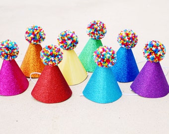Birthday Hat - Pom Pom Party Hats- Rainbow Party Hat - Birthday Glitter Party Hats - Rainbow Birthday Hats - Guest Birthday Hats