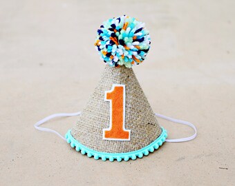 Boys 1st Birthday Woodland Party Hat - Burlap Party Hat and Fox High Chair Banner- Orange and Aqua - Wild One