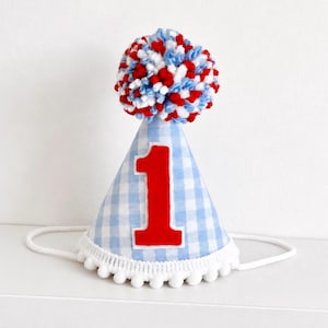 Little Firecracker Birthday Hat- 4th of July Party Hat- Red White Blue - Gingham Birthday Party Hat - All American Birthday