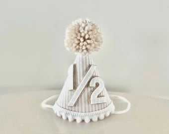Half Birthday Hat - Beige Seersucker 1/2 Birthday Hat - Khaki Party Hat - Neutral Birthday Hat