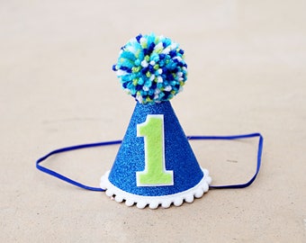 Boy 1st Birthday Hat - Mini Blue and Green Party Hat - Dog Birthday Party Hat- Lil Monster Party Hat