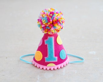 Girls 1st Birthday Mini Party Hat - Girls Bright Polkadot - Dog Birthday Hat - Girls 1st Birthday Cake Smash Hat - Sprinkles Party Hat