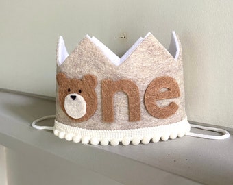 Teddy Bear First Birthday Crown- Beary 1st Birthday Party- Bear Birthday Crown- Woodland Birthday Party - Happy Camper