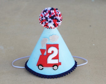 Boys Birthday Train Party Hat - Boys 2nd Birthday Steam Engine Felt Party Hat - Choo Choo Two- 1st Birthday