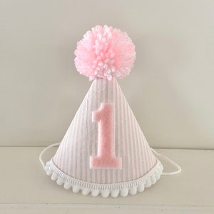 Girl 1st Birthday Light Pink Seersucker Party Hat - First Birthday Hat Girl - Cake Smash