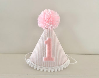 Girl 1st Birthday Light Pink Seersucker Party Hat - First Birthday Hat Girl - Cake Smash