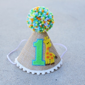 Safari First Birthday Hat- Giraffe 1st Birthday Party Hat - Jungle Party - Wild One - Burlap Party Hat - Zoo- Party Animal