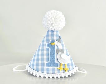 One Silly Goose Birthday Hat - Blue Gingham Party Hat - Silly Goose First 1st Birthday Hat - Silly Little Goose Hat
