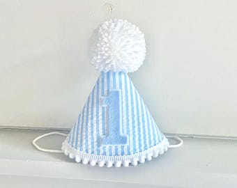 1st Birthday Blue Seersucker Party Hat - Boy First Birthday Hat - Blue Seersucker Birthday