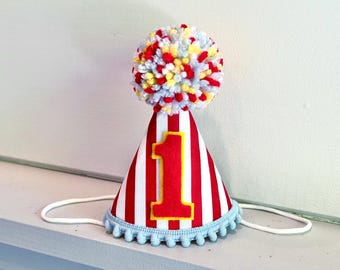 1st Birthday Hat - Vintage Circus Party Hat- Carnival Party Hat - Red White Stripe Birthday Hat - Dog Birthday Hat