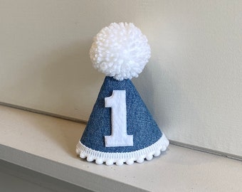 Denim 1st Birthday Hat - Blue Jean Party Hat - Boy First Birthday Hat - Dog Birthday Hat - Neutral Party Hat
