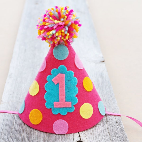 Girls 1st Birthday Hot Pink Party Hat - Girls Felt Bright Polka-dot Party Hat- Sunshine Party