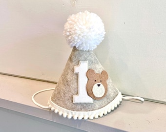 Teddy Bear First Birthday Hat- Beary 1st Birthday Party- Bear Party Hat- Woodland Birthday Party - Happy Camper