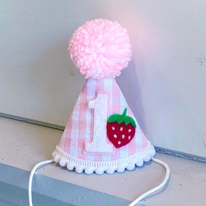 Strawberry Birthday Hat - Berry First Birthday Hat- Berry Sweet Party Hat - Gingham Birthday Hat