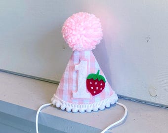 Strawberry Birthday Hat - Berry First Birthday Hat- Berry Sweet Party Hat - Gingham Birthday Hat