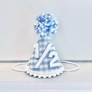 Boys Half Birthday Hat - Blue Gingham Party Hat - Boy 1/2 Birthday- Party Hat