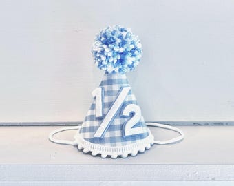 Boys Half Birthday Hat - Blue Gingham Party Hat - Boy 1/2 Birthday- Party Hat