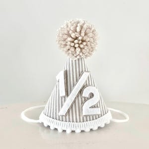 Half Birthday Hat - Beige Seersucker 1/2 Birthday Hat - Khaki Party Hat - Neutral Birthday Hat