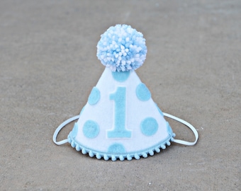 Boy 1st Birthday Party Hat- Baby Bue First Birthday Hat- Polkadot Birthday Hat - Boy Birthday Hat