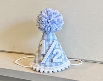 Boys Half Birthday Hat - Blue Gingham Party Hat - Boy 1/2 Birthday- Party Hat