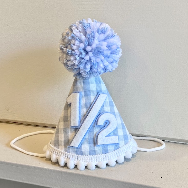 Boys Half Birthday Hat - Blue Gingham Party Hat - Boy 1/2 Birthday- Party Hat