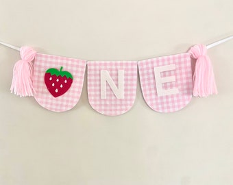 Strawberry High Chair Banner, Berry First Birthday Banner, Strawberry Birthday Banner, Pink Gingham High Chair Banner,