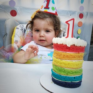 Puede incluir: Un ni&ntilde;o peque&ntilde;o con un sombrero de cumplea&ntilde;os colorido se sienta en una silla alta con un pastel de capas de arco&iacute;ris frente a &eacute;l. El pastel est&aacute; decorado con glaseado blanco y una vela con el n&uacute;mero uno.