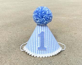 Boy 1st Birthday Light Blue Seersucker Party Hat - First Birthday Hat Boy - Cake Smash - Dog Birthday Hat