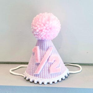 Girl 1/2 Birthday Hat - Girls Half Birthday Hat - Pink Seersucker Mini Party Hat