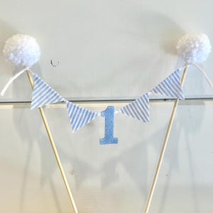 Boy 1st Birthday Cake Topper - Blue Seersucker Cake Topper- Seersucker Birthday Cake Bunting