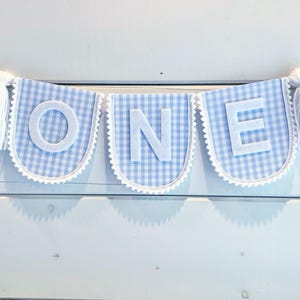 Blue Gingham High Chair Banner, Boy Highchair Banner Banner, Boy First Birthday Banner- 1st Birthday Banner