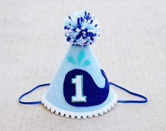 Whale Party Hat - Boy 1st Birthday Blue Whale Party Hat - Boys First Birthday Nautical Felt Party Hat - Whale Cake Smash - High Chair Banner