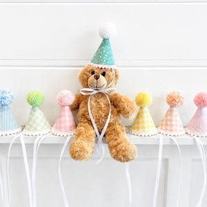 May include: A light brown plush teddy bear wearing a teal party hat with white floral patterns and a white pom-pom. Six additional party hats in various pastel gingham colors, each topped with a matching pom-pom and white ribbon ties.