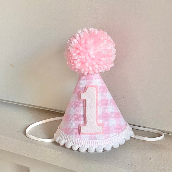 Girl 1st Birthday Hat - Pink Gingham Party Hat - Girl First Birthday Hat - Sweet One