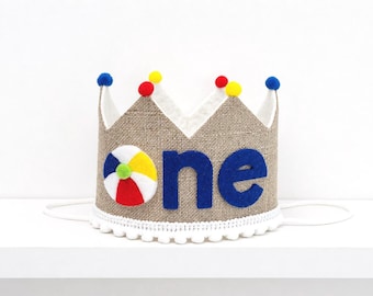 1st Birthday Beach Ball Party- Beach Ball Crown- High Chair Banner - Summer Pool  Party Birthday Hat