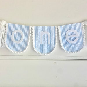 Seersucker High Chair Banner, Blue Seersucker Birthday Banner, Boy First Birthday - 1st Birthday Banner