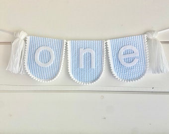 Seersucker High Chair Banner, Blue Seersucker Birthday Banner, Boy First Birthday - 1st Birthday Banner