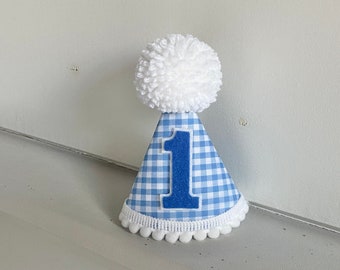 Boy 1st Birthday Hat - Blue Gingham Party Hat - Boy First Birthday Hat - Dog Birthday Hat