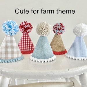 Pode incluir: Cinco chap&eacute;us de festa em formato de cone com pompons no topo e acabamento de pompons na base. Os chap&eacute;us apresentam v&aacute;rios padr&otilde;es, incluindo xadrez vichy bege, xadrez vichy vermelho, tecido azul texturizado, juta e listras azuis.
