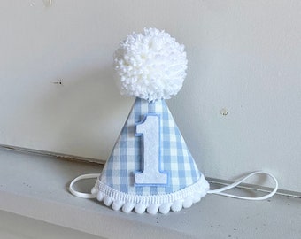 Boy 1st Birthday Hat - Blue Gingham Party Hat - Boy First Birthday Hat - Dog Birthday Hat