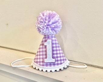 Girl Purple 1st Birthday Hat - Lavender Gingham Party Hat - Girls First Birthday Hat