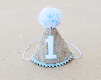 Boys 1st Birthday Hat - Burlap and Baby Blue Party Hat - Boys First Birthday Hat