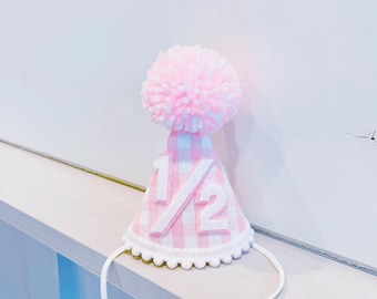Girl 1/2 Birthday Hat - Pink Gingham Girls Half Birthday Hat - Pink Gingham Mini Party Hat