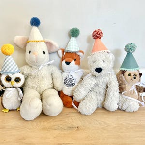 Pode incluir: Cinco animais de pel&uacute;cia, incluindo uma coruja, um coelho, uma raposa, um urso e um ouri&ccedil;o, cada um usando um pequeno chap&eacute;u de festa c&ocirc;nico com um pompom e uma fita branca amarrada no pesco&ccedil;o. A raposa veste uma camiseta branca com um gr&aacute;fico de montanha.