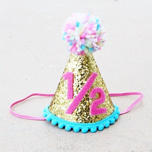 Girls 1/2 Birthday Mini Gold Glitter Party Hat- Girls Half Birthday Hat - Girls Sprinkles Party - Donut Party