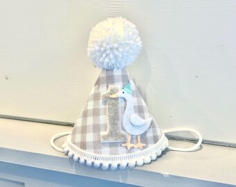 One Silly Goose Birthday Hat - Beige Gingham Party Hat - Silly Goose First 1st Birthday Hat - Tan Silly Little Goose Hat