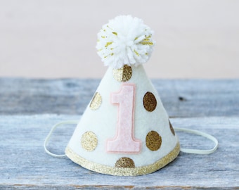 Girl 1st Birthday Pink and Gold Party Hat - Girls First Birthday Polkadot Party Hat  - Boho Birthday Hat