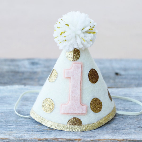 Girl 1st Birthday Pink and Gold Party Hat - Girls First Birthday Polkadot Party Hat  - Boho Birthday Hat