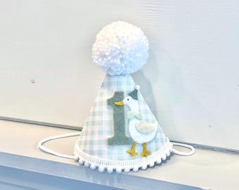 One Silly Goose Birthday Hat - Green Gingham Party Hat - Silly Goose First 1st Birthday Hat -  Goose Hat and Banner
